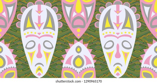 Seamless Folk Background. Ethnic Seamless Background with Color Trible Shamanic Masks for Fabric, Cloth, Textile. Trendy Abstract Back