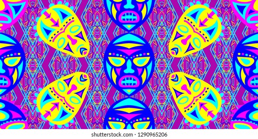 Seamless Folk Background. Ethnic Seamless Background with Color Trible Shamanic Masks for Cotton, Print, Calico. Retro Abstract Motif with Colorful Scary Masks for your Design. Vector Texture.