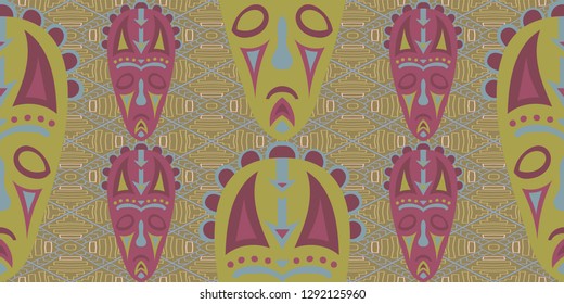 Seamless Folk Background. Ethnic Seamless Background with Color Trible Shamanic Masks for Fabric, Cloth, Textile. Modern Abstract Motif with Colorful Scary Masks for your Design. Vector Texture.