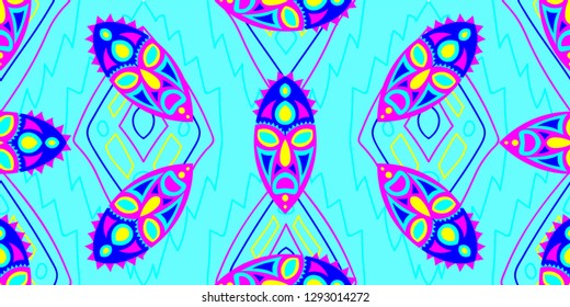 Seamless Folk Background. Ethnic Seamless Background with Color Trible Shamanic Masks for Cotton, Calico, Textile. Vintage Folk