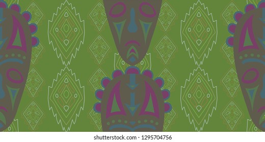 Seamless Folk Background. Ethnic Seamless Background with Color Trible Shamanic Masks for Print, Fabric, Textile. Retro Abstract Back