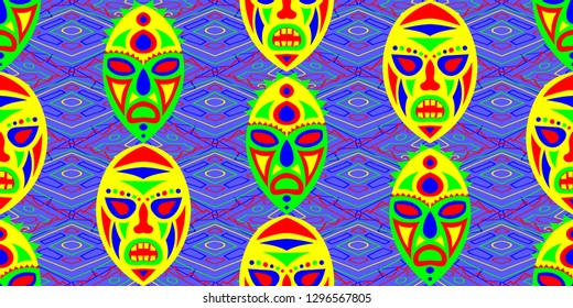 Seamless Folk Background. Ethnic Seamless Background with Color Trible Shamanic Masks for Cotton, Print, Textile. Trendy Folk
