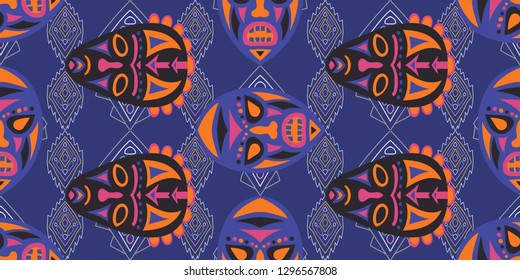 Seamless Folk Background. Ethnic Seamless Background with Color Trible Shamanic Masks for Cotton, Print, Calico. Retro Abstract Motif with Colorful Scary Masks for your Design. Vector Texture.