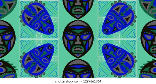 Seamless Folk Background. Ethnic Seamless Background with Color Trible Shamanic Masks for Chintz, Curtain, Paper. Trendy Abstract Back