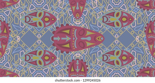 Seamless Folk Background. Ethnic Seamless Background with Color Trible Shamanic Masks for Print, Fabric, Cloth. Retro Folk