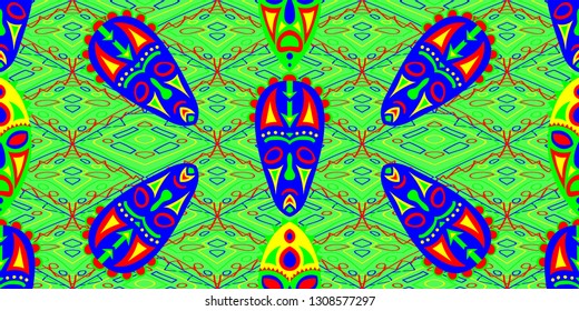 Seamless Folk Background. Ethnic Seamless Background with Color Trible Shamanic Masks for Wallpaper, Fabric, Textile. Trendy Abstract Motif with Colorful Scary Masks for your Design. Vector Texture.