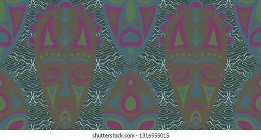 Seamless Folk Background. Ethnic Seamless Background with Color Trible Shamanic Masks for Print, Fabric, Textile.  Trendy Folk