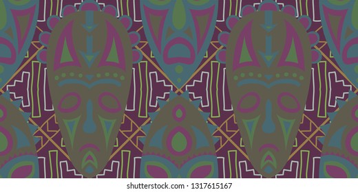 Seamless Folk Background. Ethnic Seamless Background with Color Trible Shamanic Masks for Dress, Curtain, Tablecloth. Vintage Abstract Back