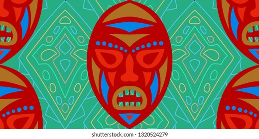 Seamless Folk Background. Ethnic Seamless Background with Color Trible Shamanic Masks for Dress, Curtain, Tablecloth. Trendy Abstract Motif with Colorful Scary Masks for your Design. Vector Texture.