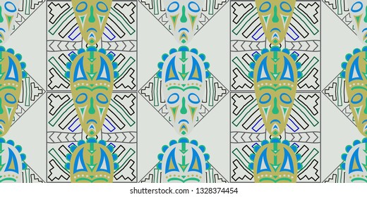 Seamless Folk Background. Ethnic Seamless Background with Color Trible Shamanic Masks for Wallpaper, Fabric, Textile. Modern Abstract Motif with Colorful Scary Masks for your Design. Vector Texture.