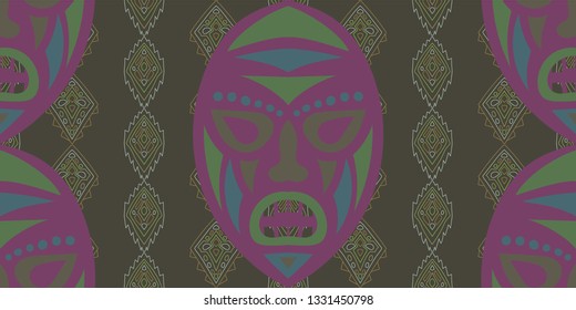 Seamless Folk Background. Ethnic Seamless Background with Color Trible Shamanic Masks for Wallpaper, Fabric, Print. Modern Abstract Back