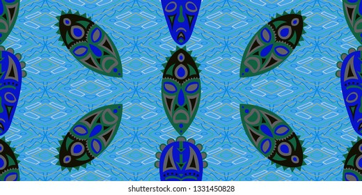 Seamless Folk Background. Ethnic Seamless Background with Color Trible Shamanic Masks for Fabric, Cloth, Textile. Modern Folk