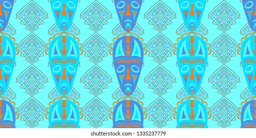 Seamless Folk Background. Ethnic Seamless Background with Color Trible Shamanic Masks for Wallpaper, Print, Cotton. Modern Folk