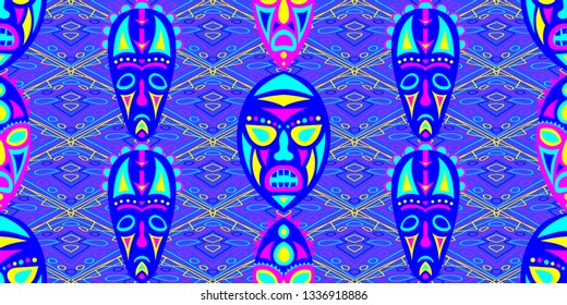 Seamless Folk Background. Ethnic Seamless Background with Color Trible Shamanic Masks for Cotton, Print, Calico. Retro Abstract Back