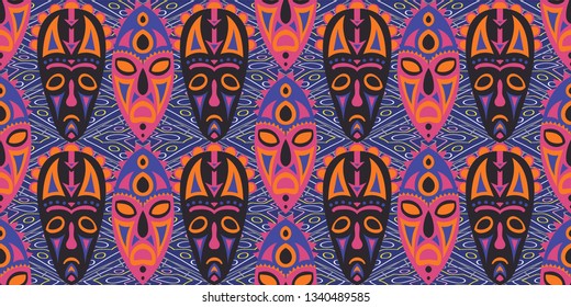 Seamless Folk Background. Ethnic Seamless Background with Color Trible Shamanic Masks for Wallpaper, Print, Textile. Trendy Abstract Motif with Colorful Scary Masks for your Design. Vector Texture.