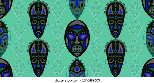 Seamless Folk Background. Ethnic Seamless Background with Color Trible Shamanic Masks for Cotton, Calico, Textile. Modern Abstract Motif with Colorful Scary Masks for your Design. Vector Texture.