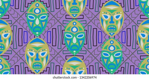 Seamless Folk Background. Ethnic Seamless Background with Color Trible Shamanic Masks for Wallpaper, Fabric, Textile. Modern Abstract Motif with Colorful Scary Masks for your Design. Vector Texture.