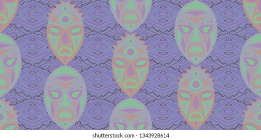 Seamless Folk Background. Ethnic Seamless Background with Color Trible Shamanic Masks for Cotton, Calico, Textile. Modern Folk