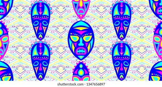 Seamless Folk Background. Ethnic Seamless Background with Color Trible Shamanic Masks for Print, Fabric, Textile. Retro Abstract Back