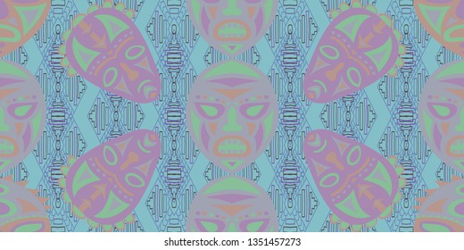 Seamless Folk Background. Ethnic Seamless Background with Color Trible Shamanic Masks for Print, Cloth, Fabric. Trendy Abstract Back
