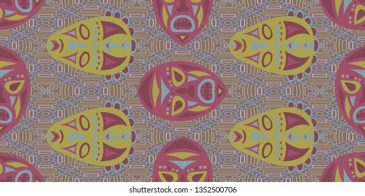 Seamless Folk Background. Ethnic Seamless Background with Color Trible Shamanic Masks for Print, Cloth, Fabric. Trendy Abstract Back