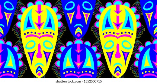 Seamless Folk Background. Ethnic Seamless Background with Color Trible Shamanic Masks for Dress, Curtain, Tablecloth. Vintage Abstract Motif with Colorful Scary Masks for your Design. Vector Texture.