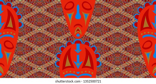 Seamless Folk Background. Ethnic Seamless Background with Color Trible Shamanic Masks for Dress, Curtain, Tablecloth. Retro Folk