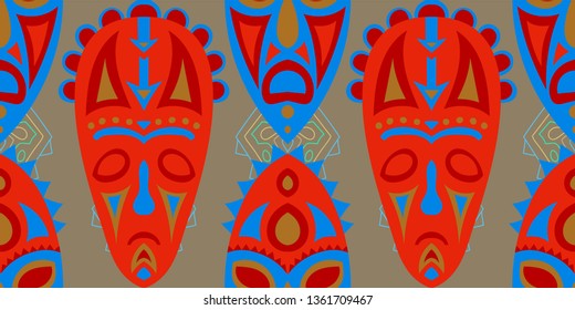 Seamless Folk Background. Ethnic Seamless Background with Color Trible Shamanic Masks for Fabric, Cloth, Textile. Trendy Abstract Motif with Colorful Scary Masks for your Design. Vector Texture.