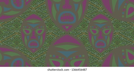 Seamless Folk Background. Ethnic Seamless Background with Color Trible Shamanic Masks for Dress, Curtain, Tablecloth. Modern Abstract Back