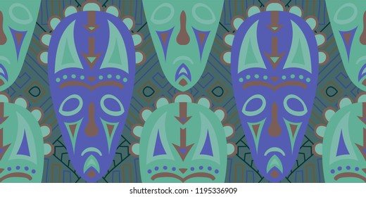 Seamless Folk Background. Ethnic Seamless Pattern with Color Trible Ritual Masks for Linen, Paper, Tablecloth. Vintage Abstract Motif with Colorful Scary Masks for your Design. Vector Texture.