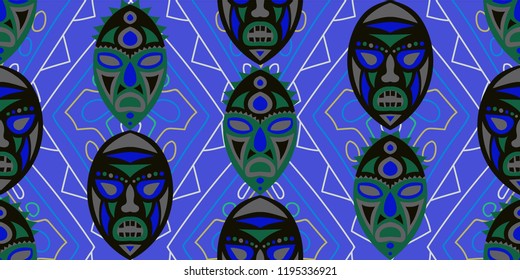 Seamless Folk Background. Ethnic Seamless Pattern with Color Trible Ritual Masks for Wallpaper, Fabric, Print. Retro Abstract Motif with Colorful Scary Masks for your Design. Vector Texture.