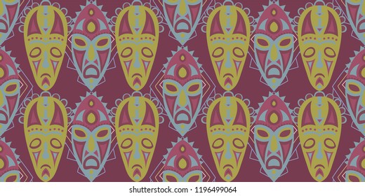 Seamless Folk Background. Ethnic Seamless Pattern with Color Trible Ritual Masks for Calico, Print, Textile. Retro Abstract Back