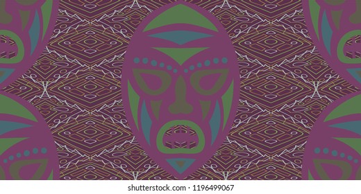 Seamless Folk Background. Ethnic Seamless Pattern with Color Trible Ritual Masks for Cotton, Print, Calico. Vintage Folk