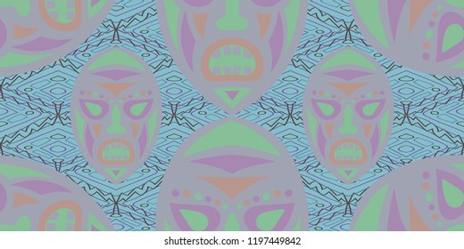 Seamless Folk Background. Ethnic Seamless Pattern with Color Trible Ritual Masks for Wallpaper, Fabric, Textile. Retro Folk