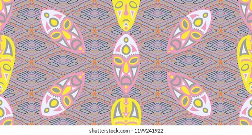Seamless Folk Background. Ethnic Seamless Pattern with Color Trible Ritual Masks for Chintz, Curtain, Paper. Modern Abstract Motif with Colorful Scary Masks for your Design. Vector Texture.