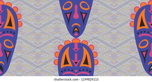 Seamless Folk Background. Ethnic Seamless Pattern with Color Trible Ritual Masks for Print, Fabric, Cloth. Retro Abstract Back