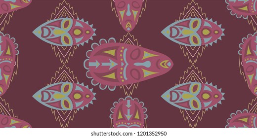 Seamless Folk Background. Ethnic Seamless Pattern with Color Trible Ritual Masks for Cotton, Calico, Textile. Vintage Abstract Back