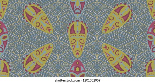 Seamless Folk Background. Ethnic Seamless Pattern with Color Trible Ritual Masks for Wallpaper, Fabric, Print. Modern Folk