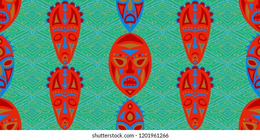 Seamless Folk Background. Ethnic Seamless Pattern with Color Trible Ritual Masks for Wallpaper, Fabric, Print. Vintage Abstract Motif with Colorful Scary Masks for your Design. Vector Texture.