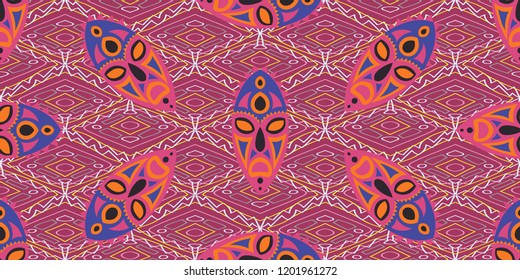 Seamless Folk Background. Ethnic Seamless Pattern with Color Trible Ritual Masks for Wallpaper, Cotton, Textile. Trendy Abstract Motif with Colorful Scary Masks for your Design. Vector Texture.