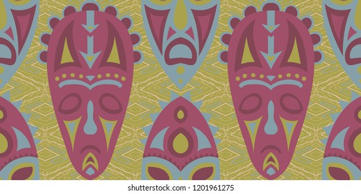 Seamless Folk Background. Ethnic Seamless Pattern with Color Trible Ritual Masks for Wallpaper, Print, Cotton. Vintage Abstract Back