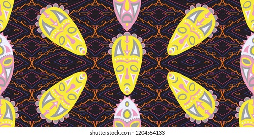 Seamless Folk Background. Ethnic Seamless Pattern with Color Trible Ritual Masks for Chintz, Curtain, Paper. Vintage Abstract Motif with Colorful Scary Masks for your Design. Vector Texture.