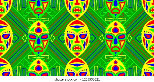 Seamless Folk Background. Ethnic Seamless Pattern with Color Trible Ritual Masks for Dress, Paper, Tablecloth. Retro Abstract Motif with Colorful Scary Masks for your Design. Vector Texture.