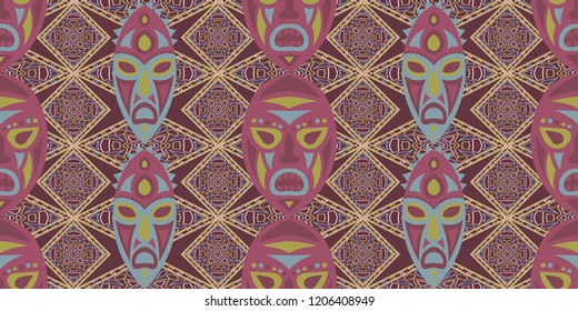 Seamless Folk Background. Ethnic Seamless Pattern with Color Trible Ritual Masks for Print, Fabric, Cloth. Trendy Folk