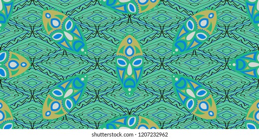 Seamless Folk Background. Ethnic Seamless Pattern with Color Trible Ritual Masks for Print, Cloth, Textile. Trendy Abstract Back