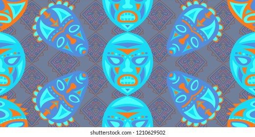 Seamless Folk Background. Ethnic Seamless Pattern with Color Trible Ritual Masks for Cotton, Print, Calico. Trendy Abstract Motif with Colorful Scary Masks for your Design. Vector Texture.