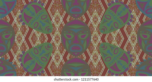 Seamless Folk Background. Ethnic Seamless Pattern with Color Trible Ritual Masks for Wallpaper, Print, Cotton. Modern Folk