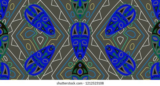 Seamless Folk Background. Ethnic Seamless Pattern with Color Trible Ritual Masks for Wallpaper, Print, Textile. Vintage Folk