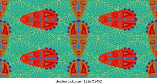 Seamless Folk Background. Ethnic Seamless Pattern with Color Trible Ritual Masks for Print, Cloth, Textile. Retro Abstract Motif with Colorful Scary Masks for your Design. Vector Texture.