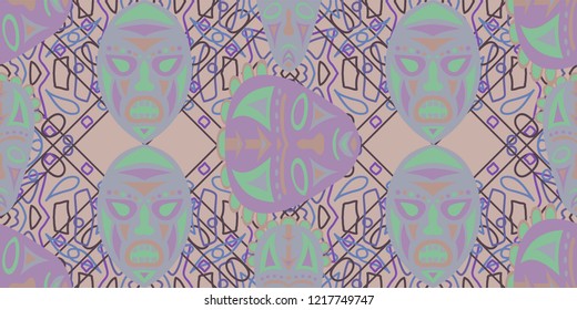 Seamless Folk Background. Ethnic Seamless Pattern with Color Trible Ritual Masks for Linen, Paper, Tablecloth. Modern Folk
